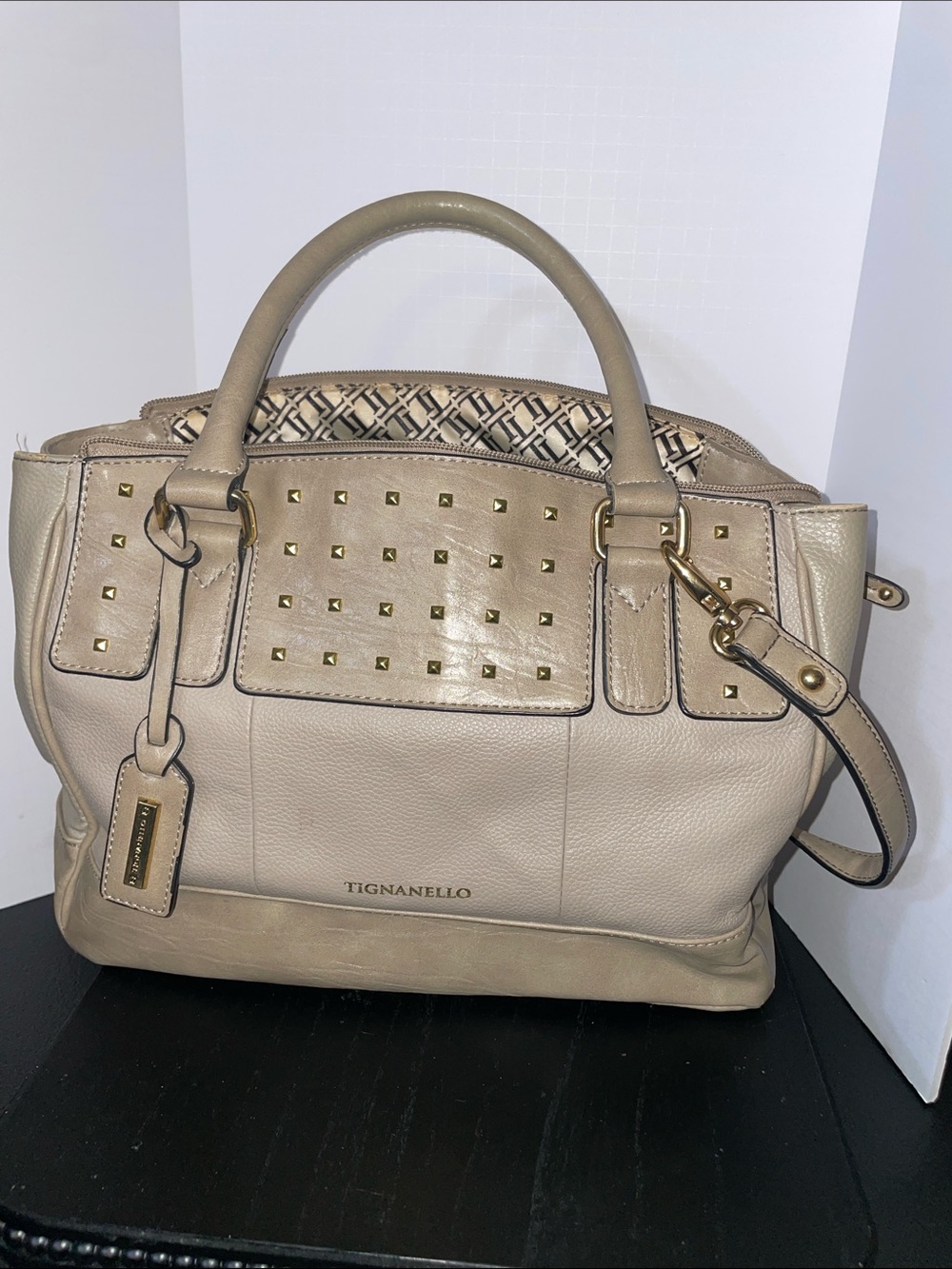 Tignanello Taupe Leather Satchel with Gold Studs